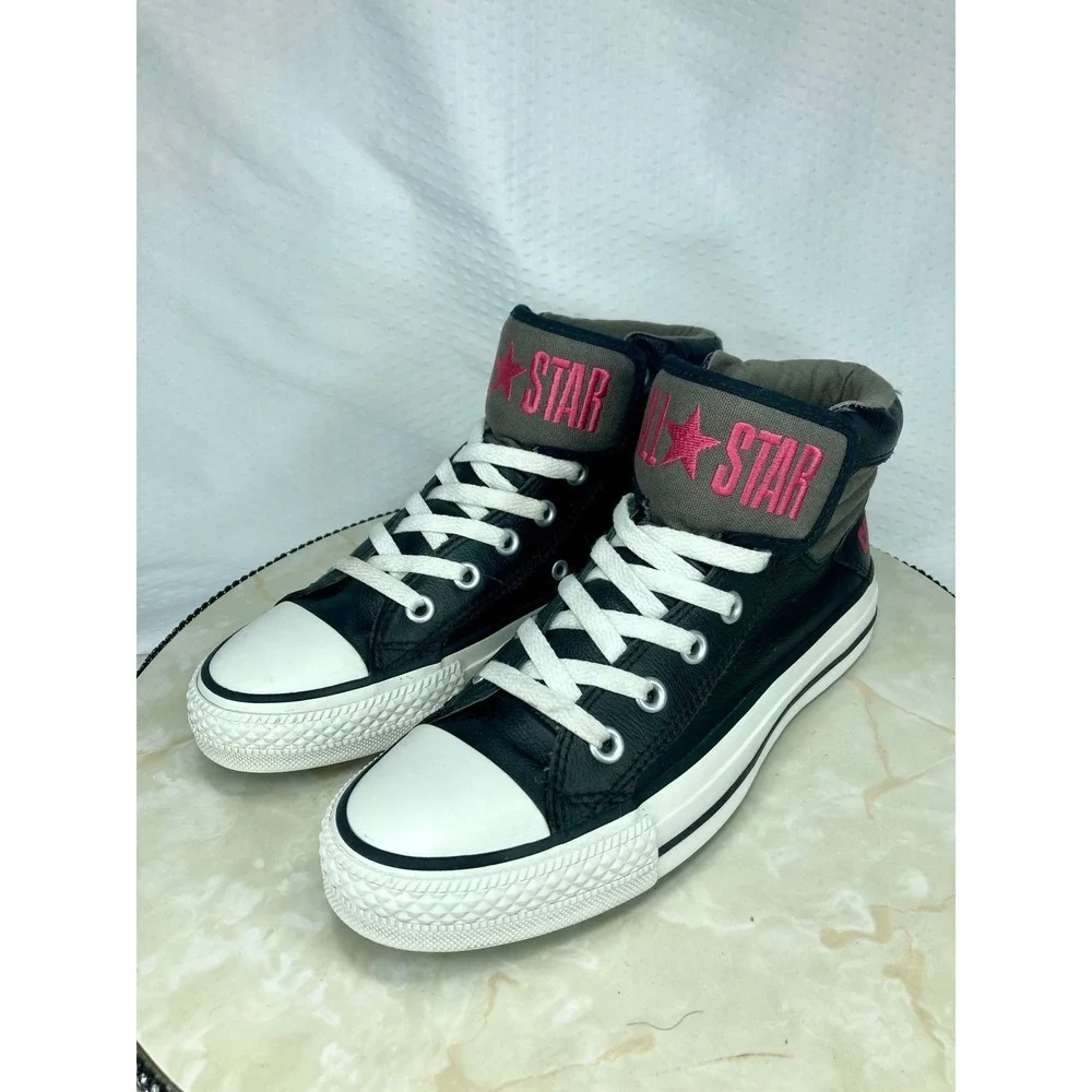 Converse Leather High Top Skater Shoes Kids Sz 5 Black White Streetwear Sneakers